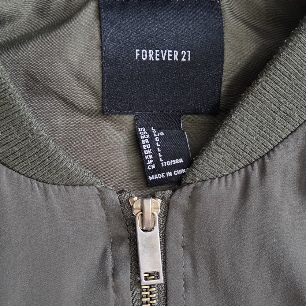 Forever 21 Olive Bomber Jacket with Blue & Pink Embroidered Birds - Picture 2 of 8